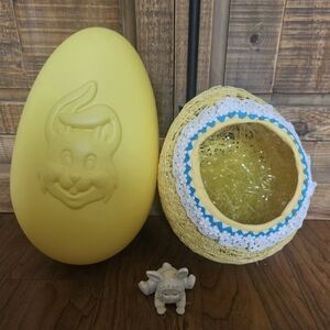 Vintage Yellow Blow Mold Easter Egg And Diorama String Art Egg, Bunny Figurine